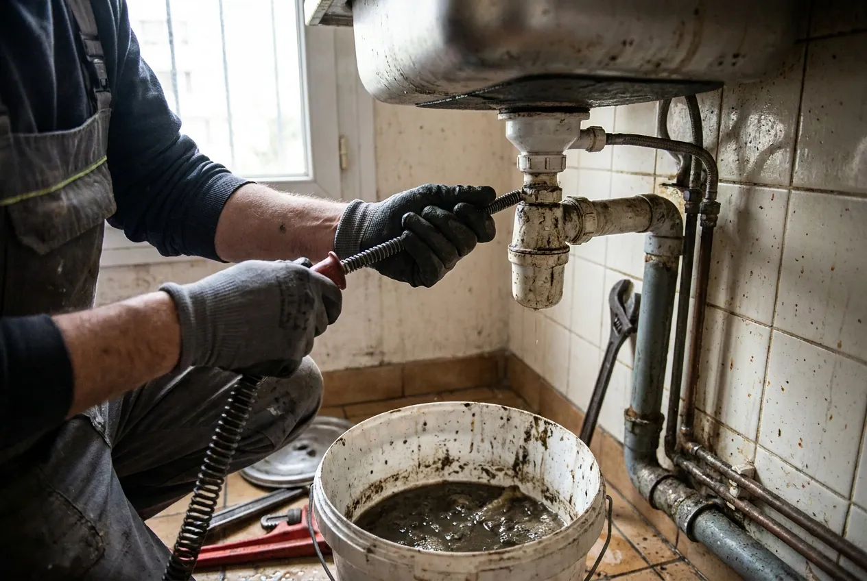 Plombier débouchant une canalisation d'évier à Champigny-sur-Marne