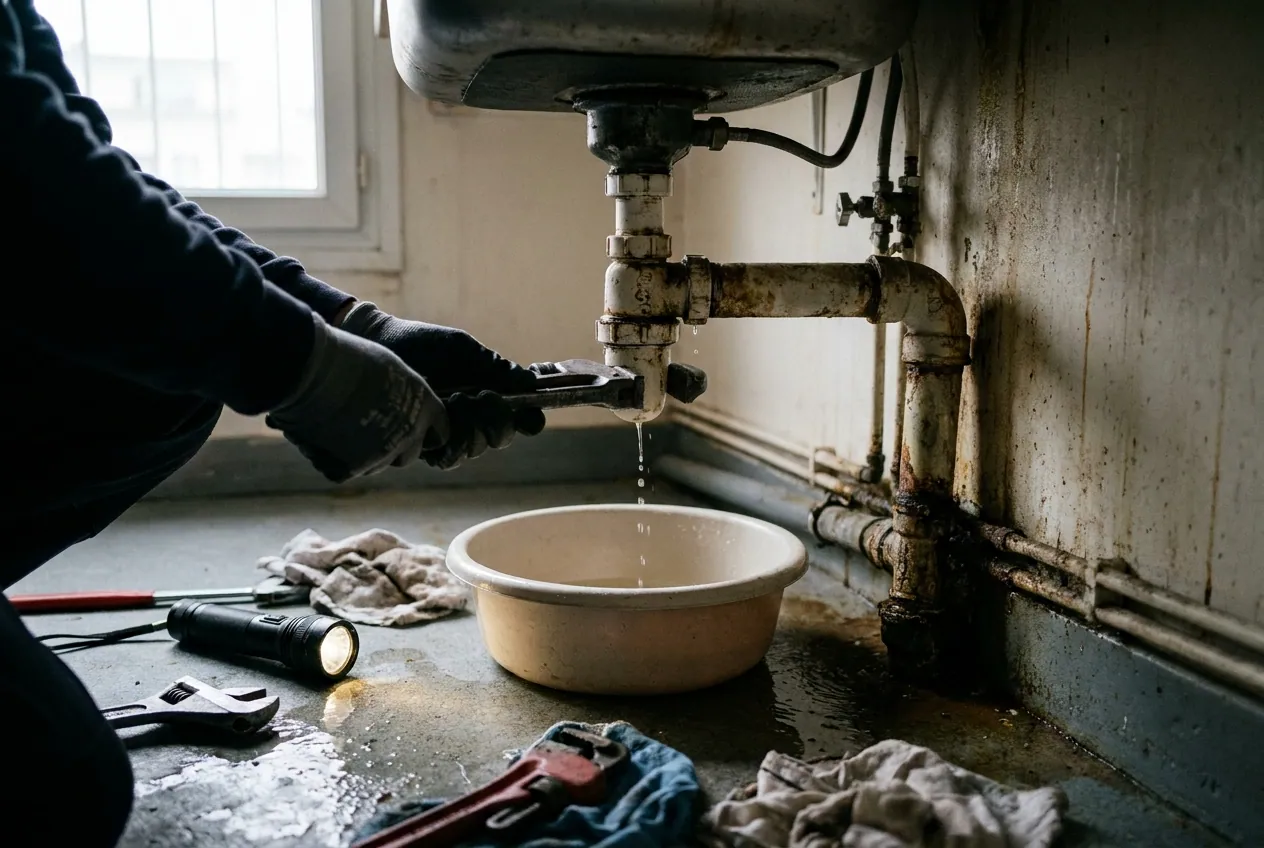 Canalisation qui fuit sous un évier dans un logement de Champigny-sur-Marne